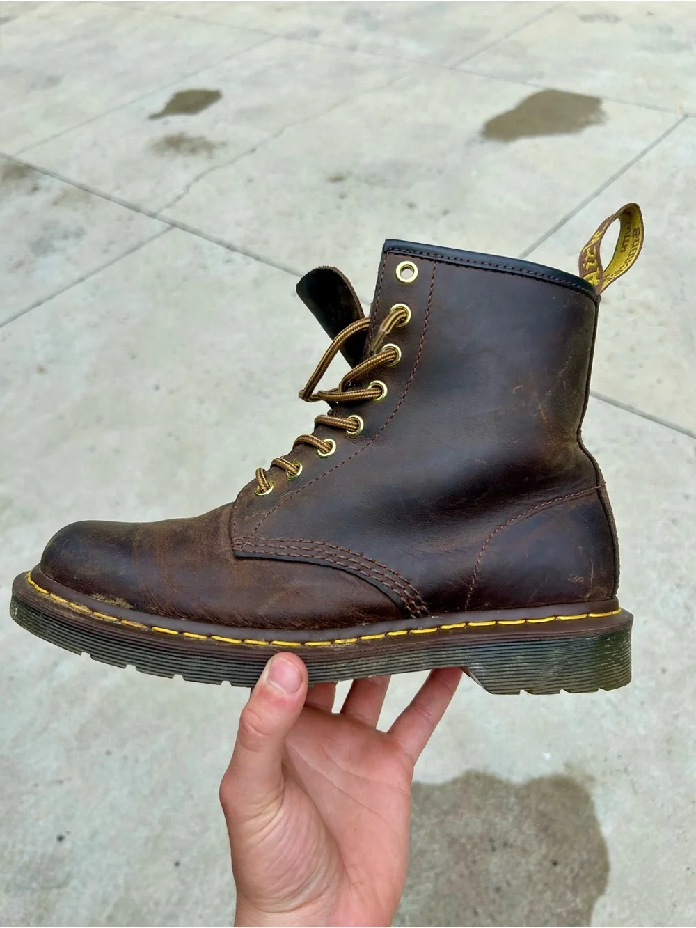 Dr. Martens Brown Leather 8-Eye Lace-Up Boots with Yellow Stitching